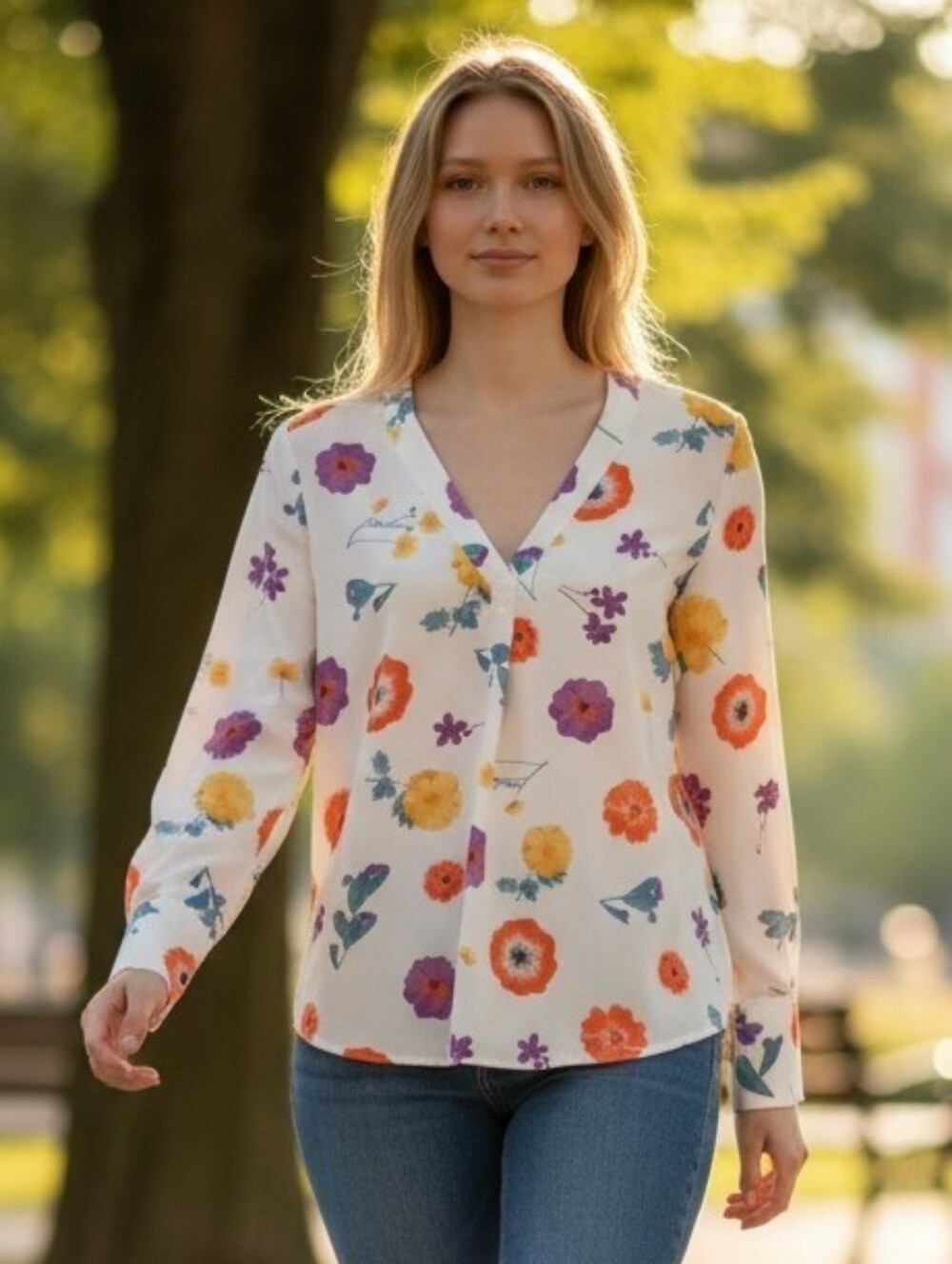Ann Taylor Loft White Floral V-Neck Long-Sleeve Blouse